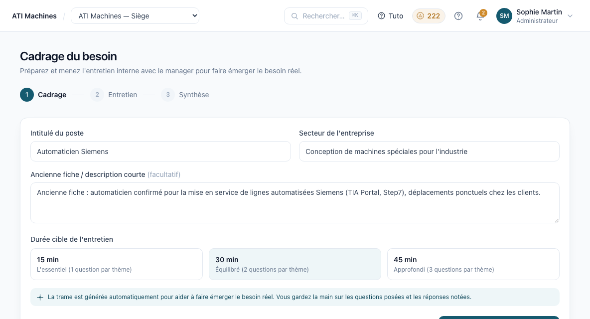 Écran de cadrage du besoin dans Capacity Hub
