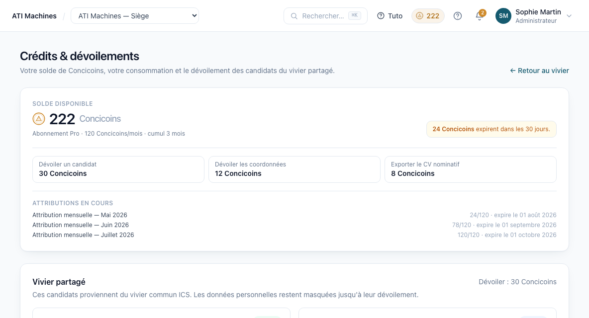 Écran Concicoins et dévoilements dans Capacity Hub