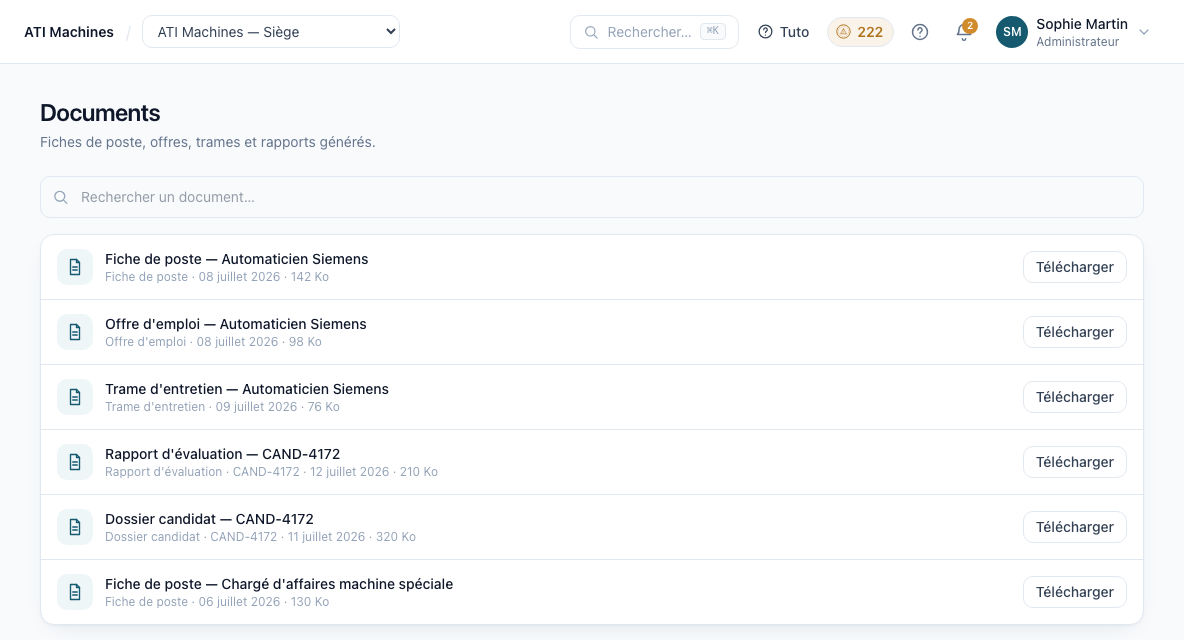 Liste des documents générés dans Capacity Hub