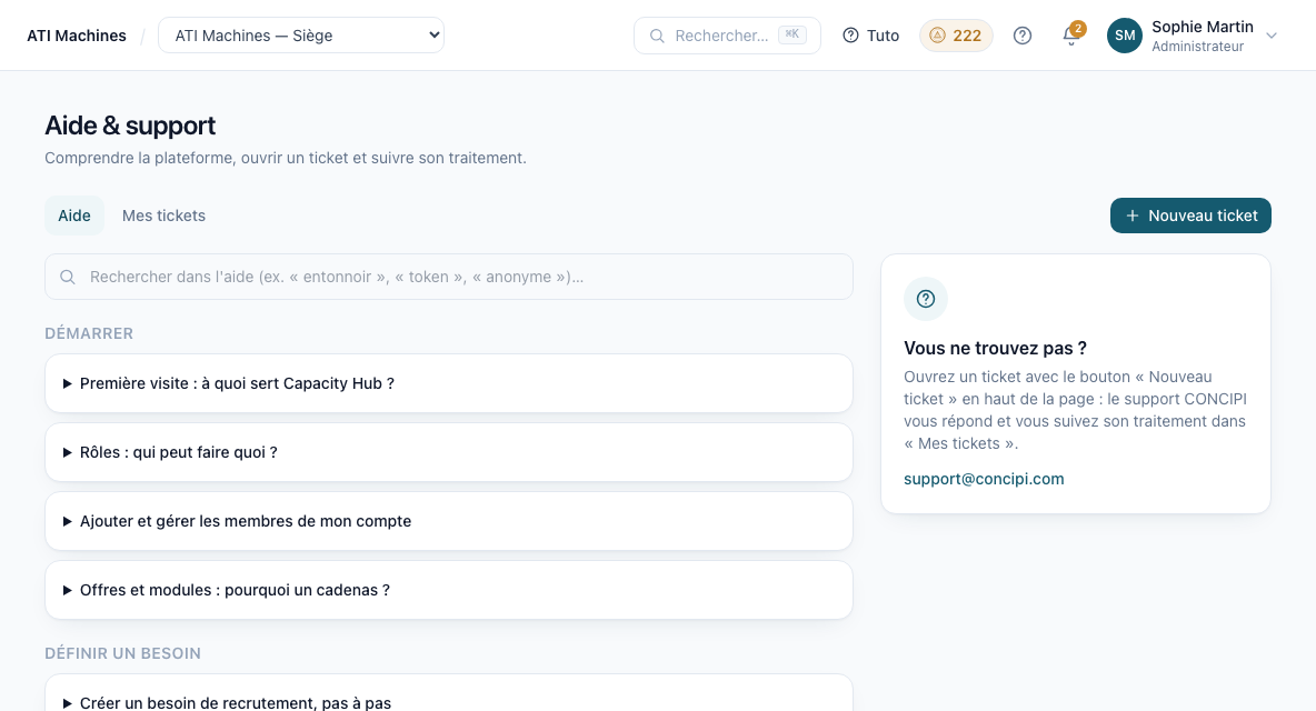 Centre d'aide et support dans Capacity Hub