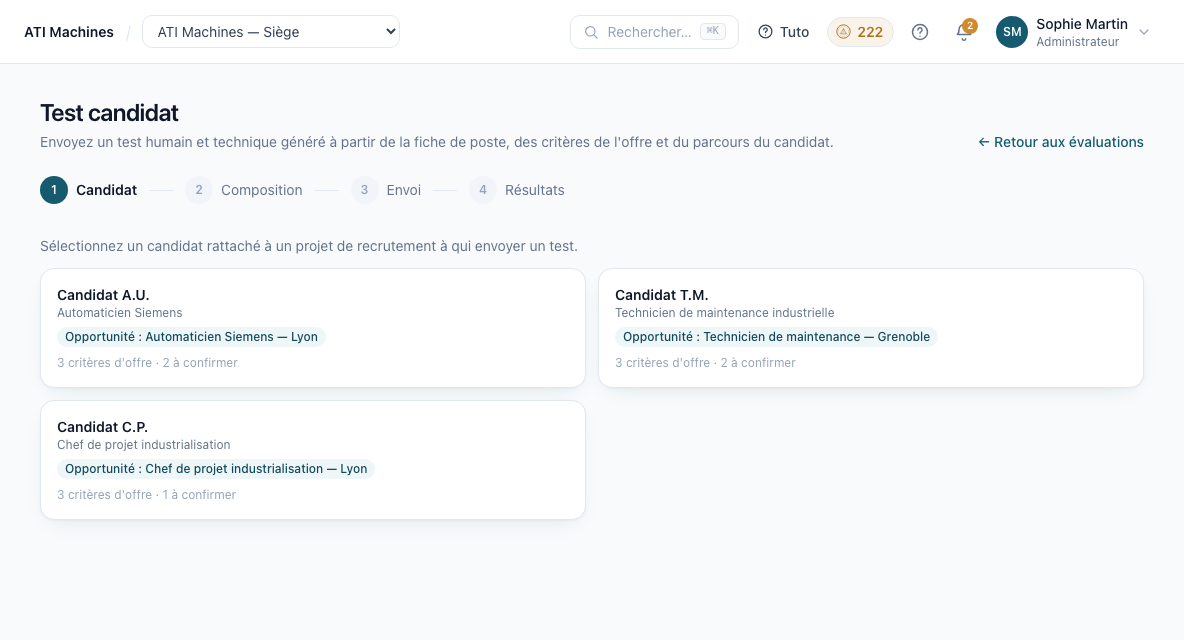 Écran de génération de test candidat dans Capacity Hub