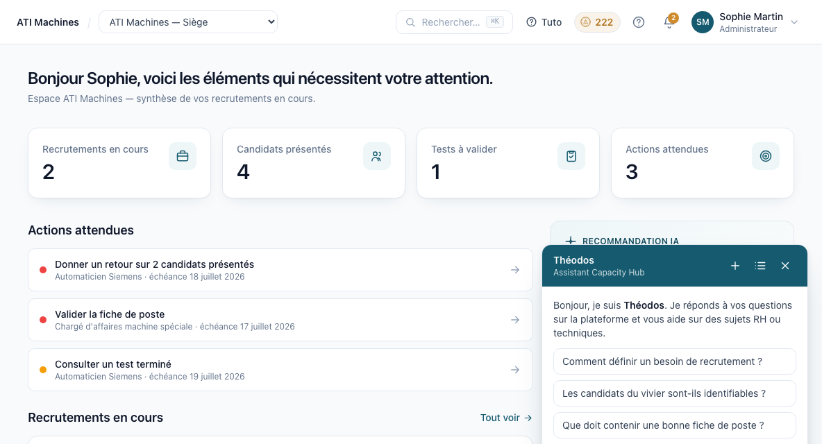 Widget de l'assistant Théodos ouvert dans Capacity Hub