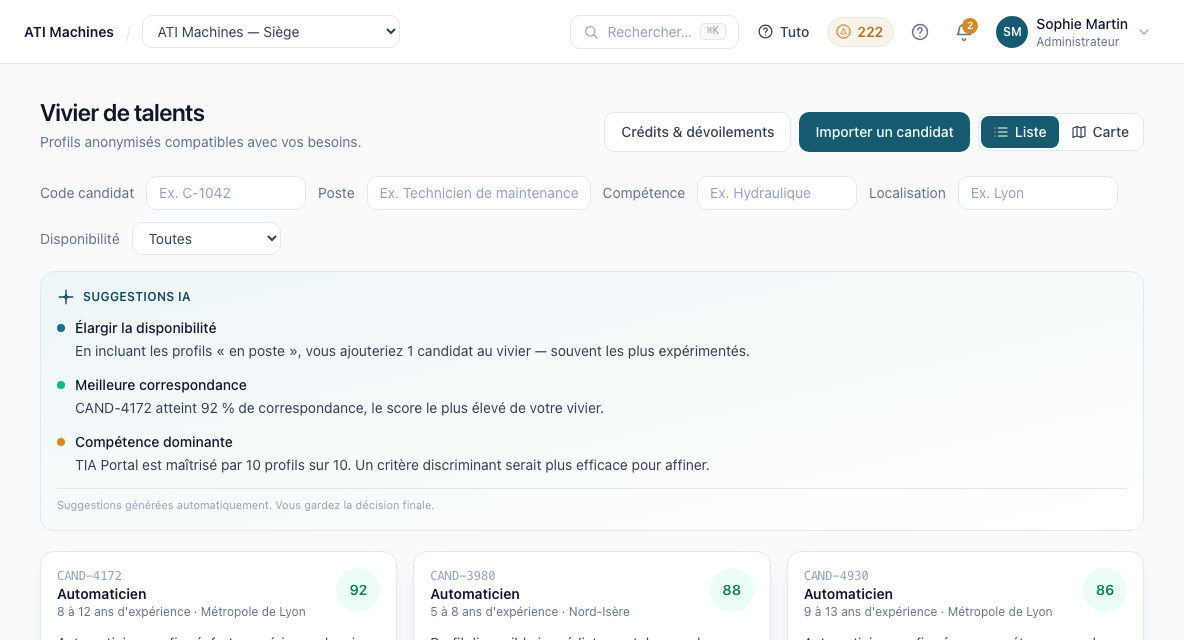 Vivier de talents dans Capacity Hub avec suggestions IA et taux de matching